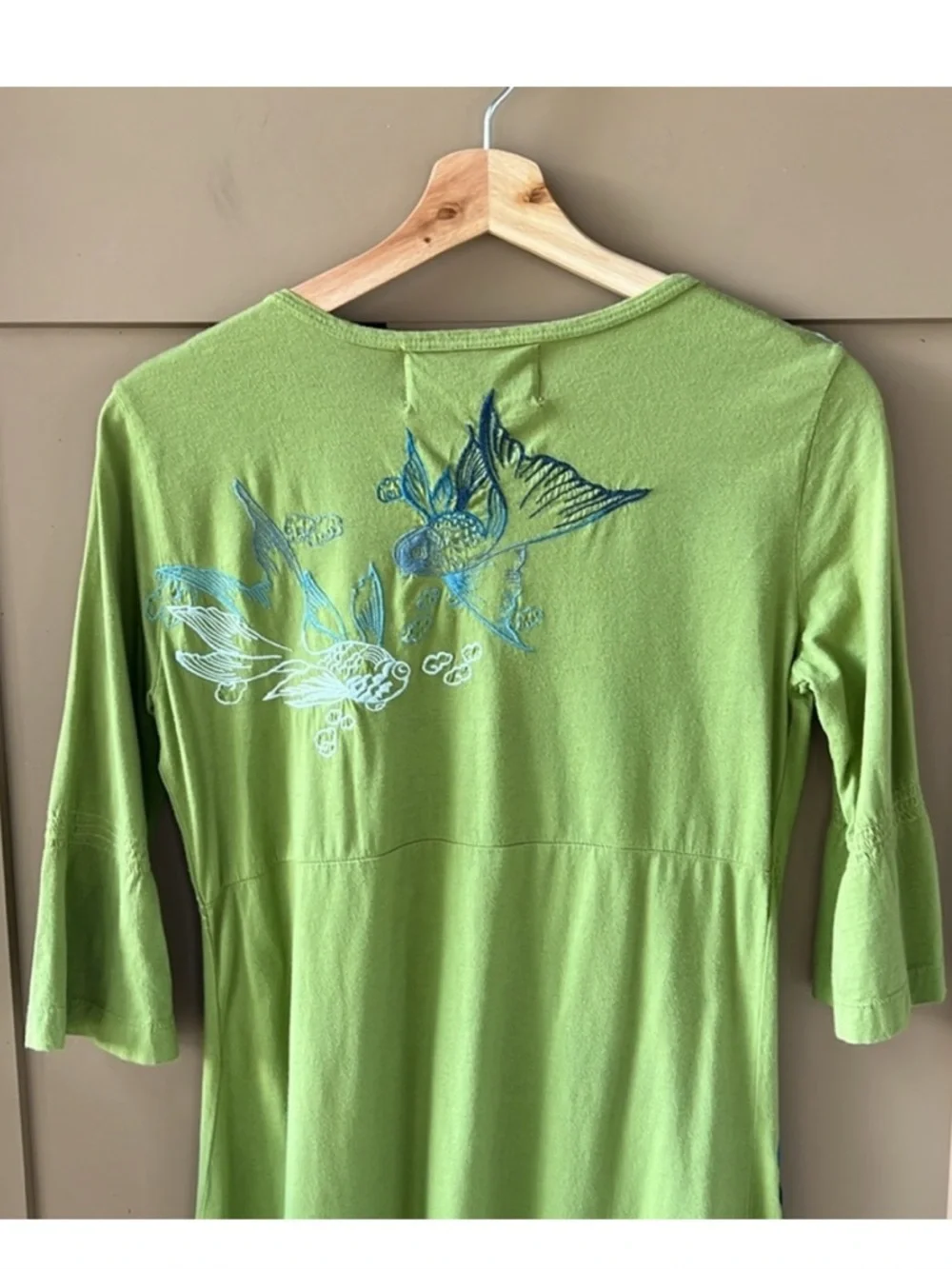 Johnny Was Green V-Neck Long Sleeve Tunic with Blue Floral Embroidery - Picture 7 of 8